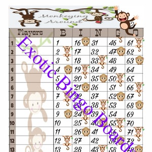 May include: A brown and white bingo card with a monkey theme. The card has numbers 1 through 75 arranged in a 5x5 grid. The card also has a free space in the center. The card is surrounded by a border of monkeys.