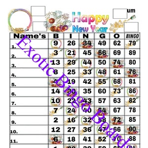 Planche de bingo 1-15 lignes, 1-90 boules mélangées (cerceaux du Nouvel An)