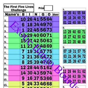 Tableau de bingo de 1 à 15 lignes, 1 à 75 boules mélangées (cinq premières)