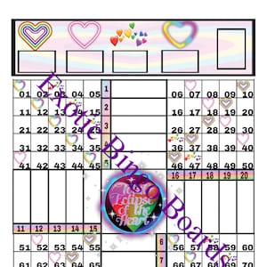 Peut inclure: Un carton de bingo sur le thème de l'arc-en-ciel avec les numéros de 1 à 100. Le carton présente un motif de cœur arc-en-ciel et les mots "Total Eclipse of the Heart" dans un cercle.