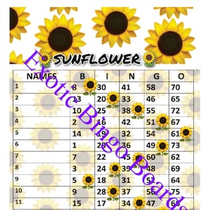Tableau de bingo 1-75 boules, 1-15 lignes, mixte (tournesol)