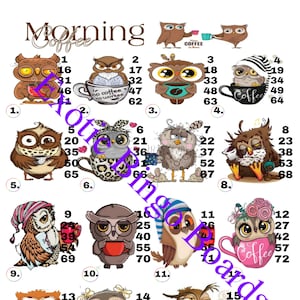 Planche de bingo 1-15 lignes, boule 1-75, image droite (café hibou)