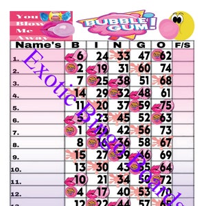 May include: A bubble gum-themed bingo card with a pink and white color scheme. The card features the words "Bubble Gum" and "You Blow Me Away." Numbers and images of lips and bubble gum are displayed.
