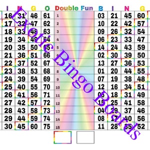 May include: Two rainbow-colored bingo cards with numbers 1-75. The cards are labeled "Double Fun" and "Bingo Boards".