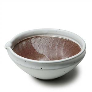 May include: White ceramic suribachi, a Japanese mortar and pestle, with a brown, textured grinding surface.