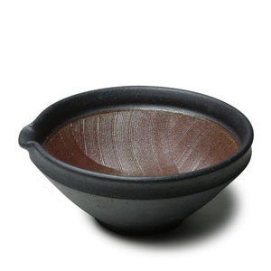 May include: A black ceramic mortar and pestle with a textured, ridged interior. The mortar is slightly wider than the pestle and has a rounded lip.