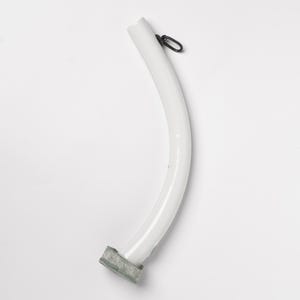 May include: A curved, white metal curtain rod with a small, black ring attached near the top. The bottom of the rod has a rectangular, gray metal end piece. The rod is slightly glossy and appears to be new.