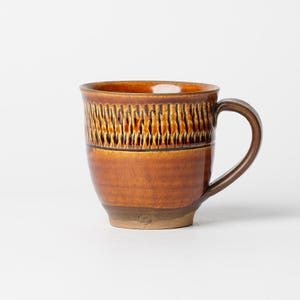 May include: A brown ceramic mug with a textured upper section and a smooth lower section. The mug has a rounded handle and a wide opening. The color is a mix of brown and tan, with a glossy finish.