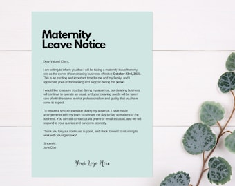 MATERNITY LEAVE NOTICE, Editable, Cleaning Business, Professional Cleaning, Airbnb, Commercial, Printable, Client, Paternity, Small Business