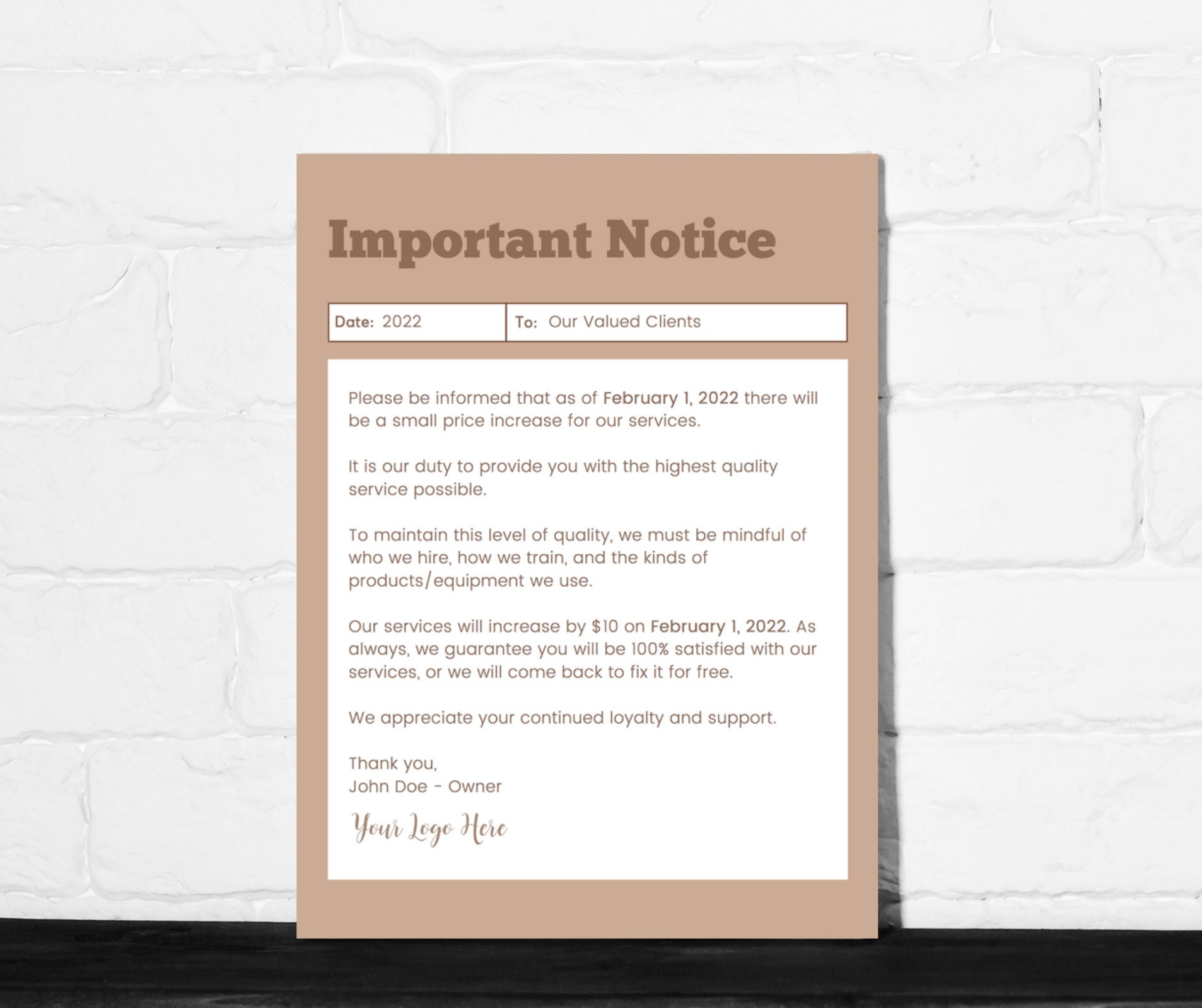 PRICE INCREASE LETTER, Editable, Cleaning Business, Professional