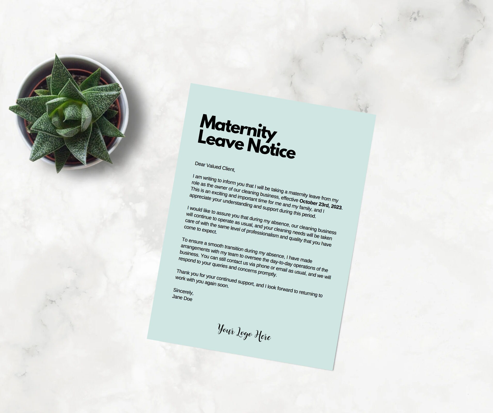 MATERNITY LEAVE NOTICE, Editable, Cleaning Business, Professional