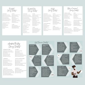May include: A printable cleaning checklist with different categories for residential, apartment building, office and commercial, and unit turnover cleaning. The checklist includes a variety of tasks, such as cleaning bathrooms, kitchens, bedrooms, living spaces, and laundry rooms. The checklist is designed to help people keep their homes and businesses clean and organized.