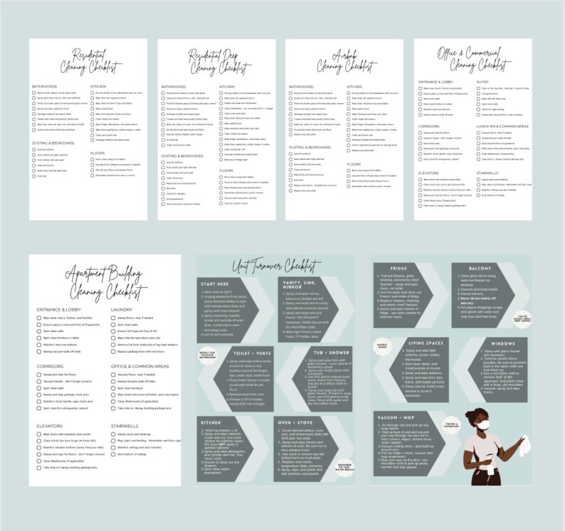 May include: A printable cleaning checklist with different categories for residential, apartment building, office and commercial, and unit turnover cleaning. The checklist includes a variety of tasks, such as cleaning bathrooms, kitchens, bedrooms, living spaces, and laundry rooms. The checklist is designed to help people keep their homes and businesses clean and organized.