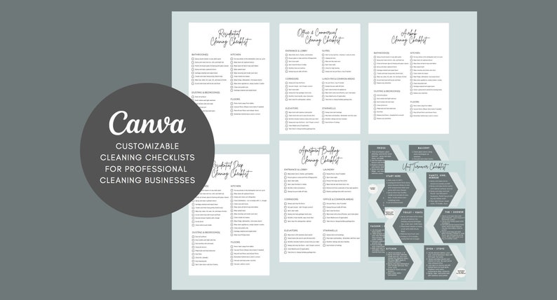 May include: A set of customizable cleaning checklists for professional cleaning businesses. The checklists are designed in a modern, minimalist style with a white background and black text. The checklists include categories such as residential cleaning, office and commercial cleaning, apartment building cleaning, and move-in/move-out cleaning.