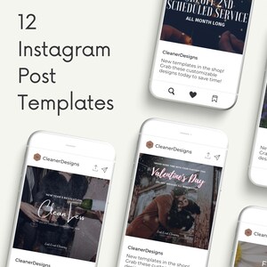 May include: A digital display of 12 Instagram Post Templates featuring white smartphone frames. The screens show social media posts from CleanerDesigns with various promotional text, including Valentine's Day and New Year's Resolution themes.