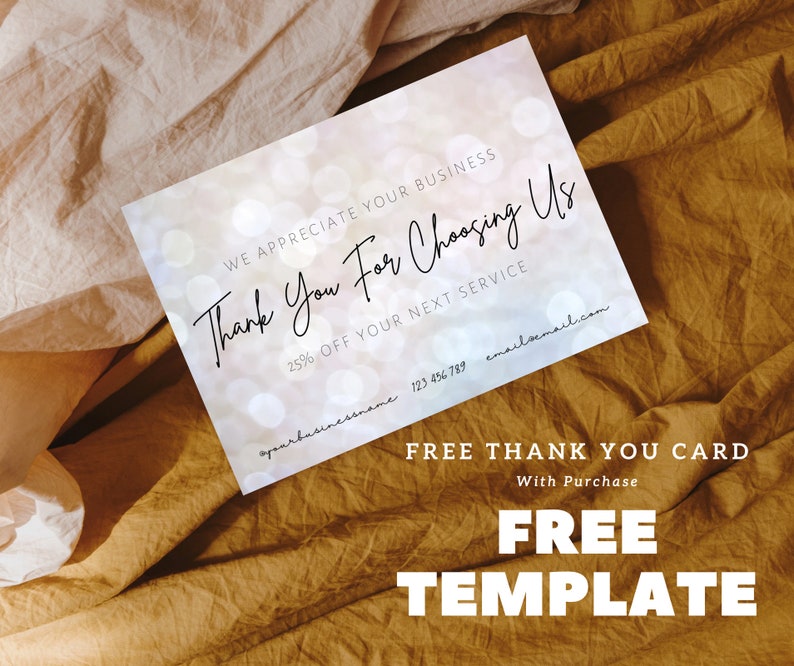 May include: A rectangular thank you card featuring a soft-focus bokeh light background. The text reads: WE APPRECIATE YOUR BUSINESS, Thank You For Choosing Us, 25% OFF YOUR NEXT SERVICE, @yourbusinessname, 123 456 789, and email@email.com.