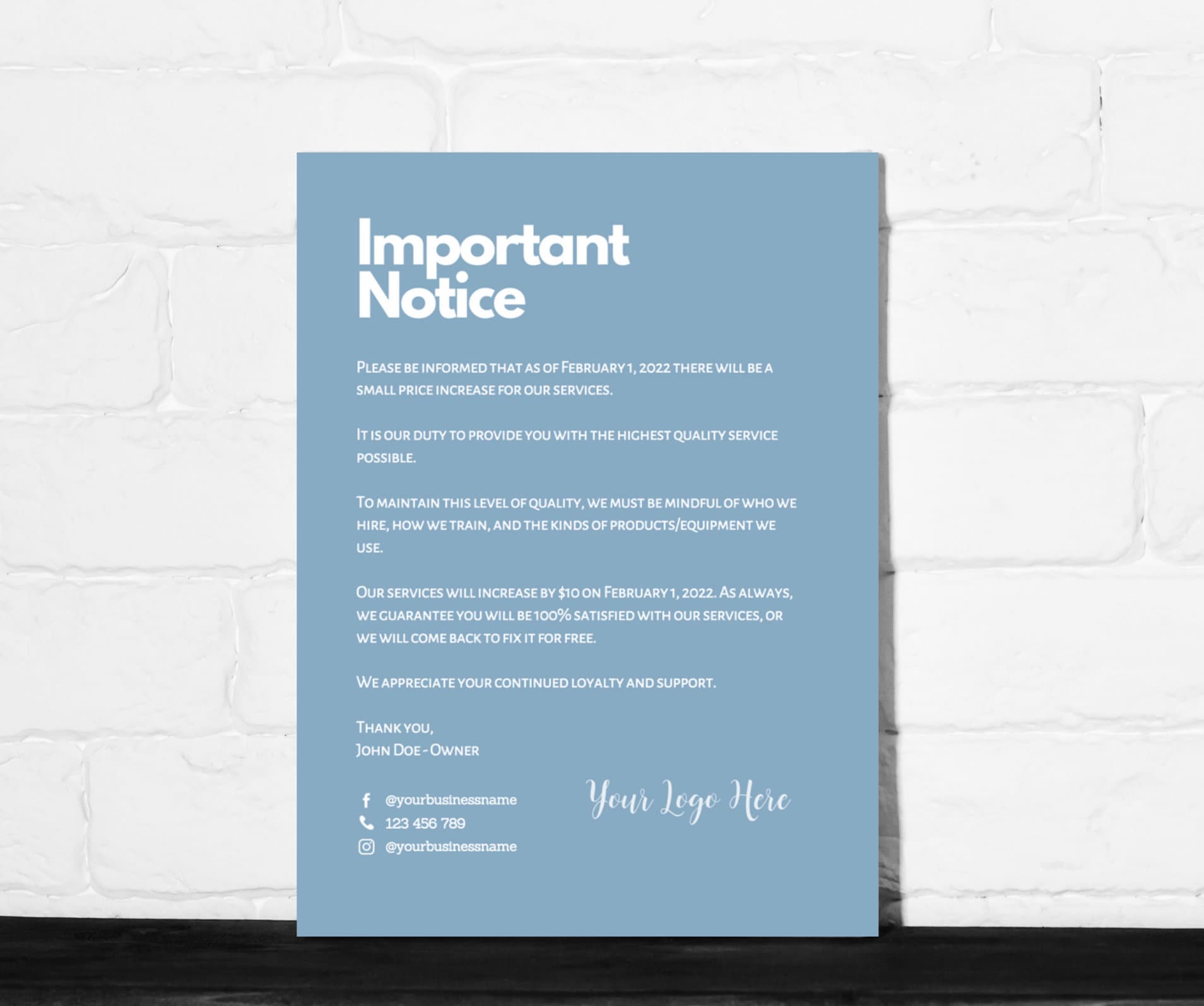PRICE INCREASE LETTER Ll, Editable, Cleaning Business, Professional