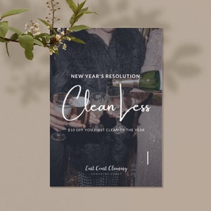 May include: A promotional flyer featuring a dark, festive scene with people holding champagne glasses. The text reads: NEW YEAR'S RESOLUTION: Clean Less, $10 OFF YOU FIRST CLEAN OF THE YEAR, East Coast Cleaning, SUNSHINE COAST. The design is dark and elegant.