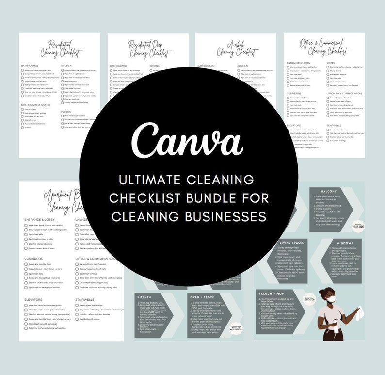 May include: A Canva graphic with the text "Ultimate Cleaning Checklist Bundle for Cleaning Businesses". The graphic features a black circle with the Canva logo in white text. The graphic also features a variety of cleaning checklists for different types of businesses, including residential, commercial, and apartment buildings.