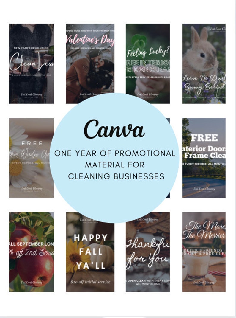 May include: A collection of twelve promotional social media templates for cleaning businesses, featuring a central light blue circle with the text Canva ONE YEAR OF PROMOTIONAL MATERIAL FOR CLEANING BUSINESSES, surrounded by various seasonal images.