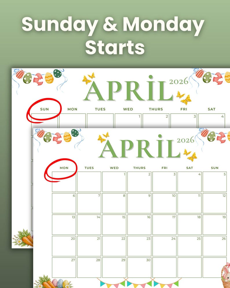 April 2026 Easter Calendar | Editable PDF (sunday/monday Start) - Etsy