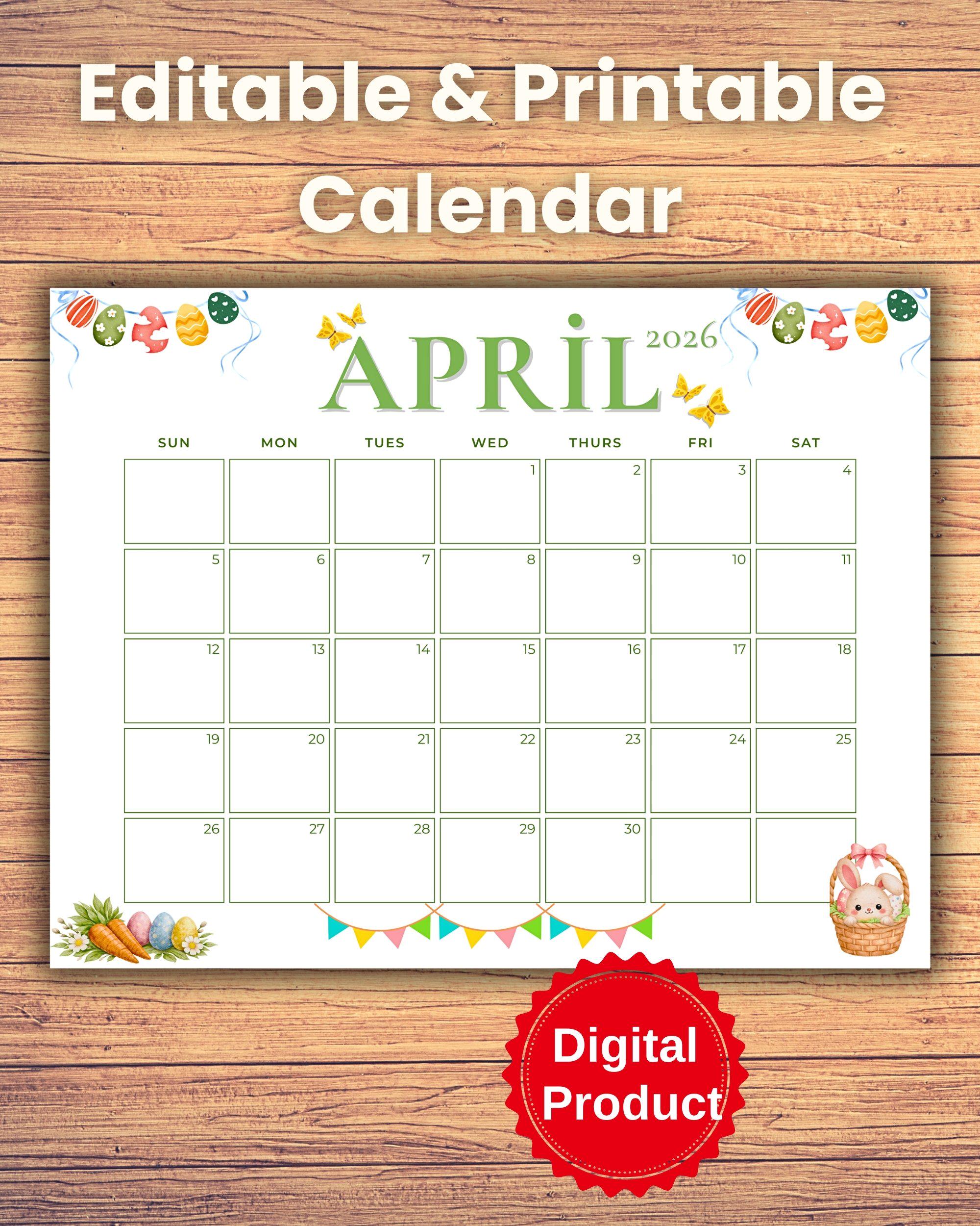 April 2026 Easter Calendar | Editable PDF (sunday/monday Start) - Etsy