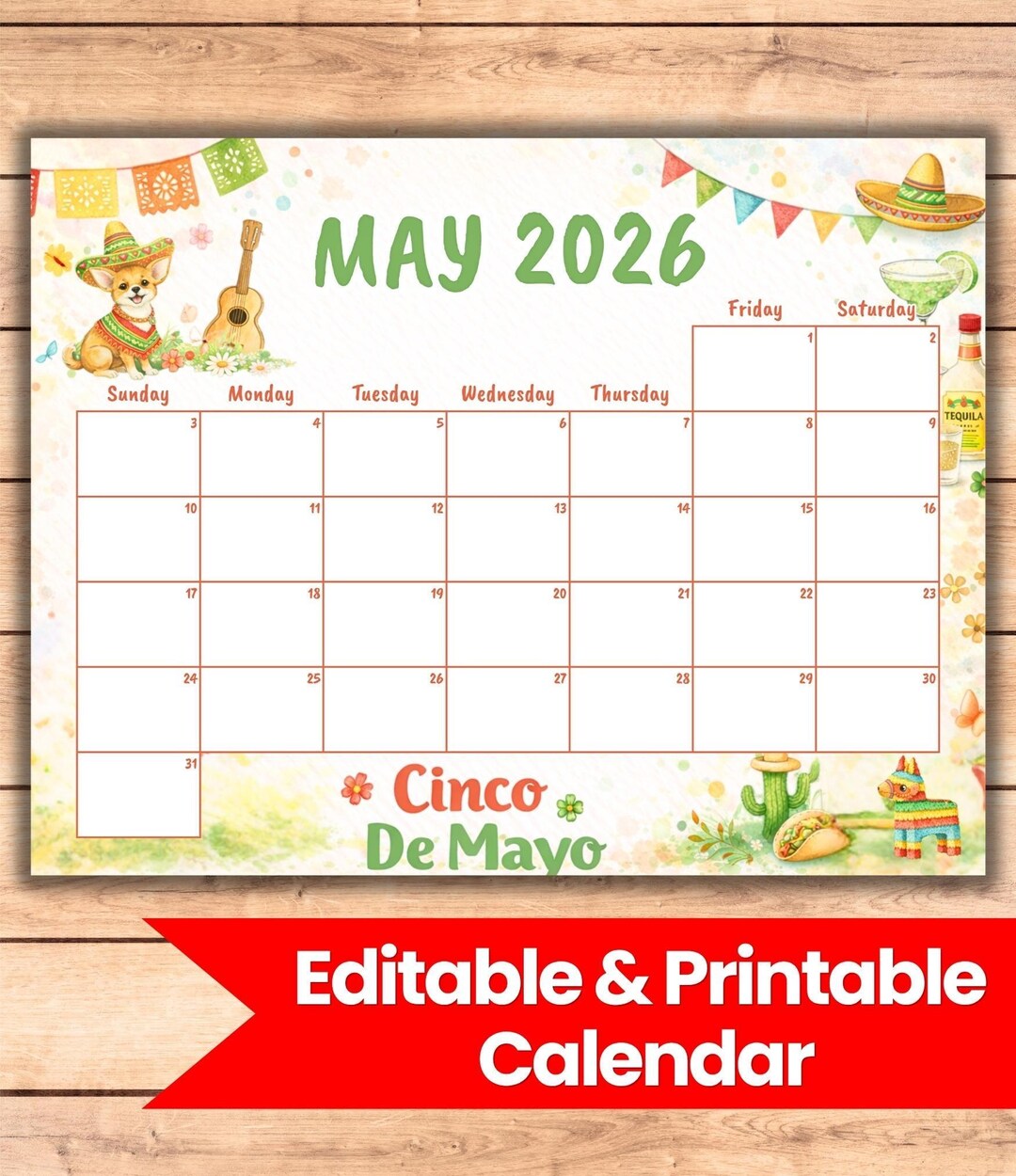 May 2026 Calendar | Festive Cinco De Mayo Theme (editable PDF Download ...