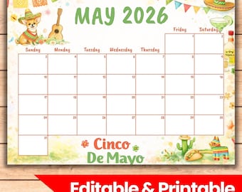 Calendario di maggio 2026 / Tema festivo Cinco de Mayo (PDF modificabile da scaricare)