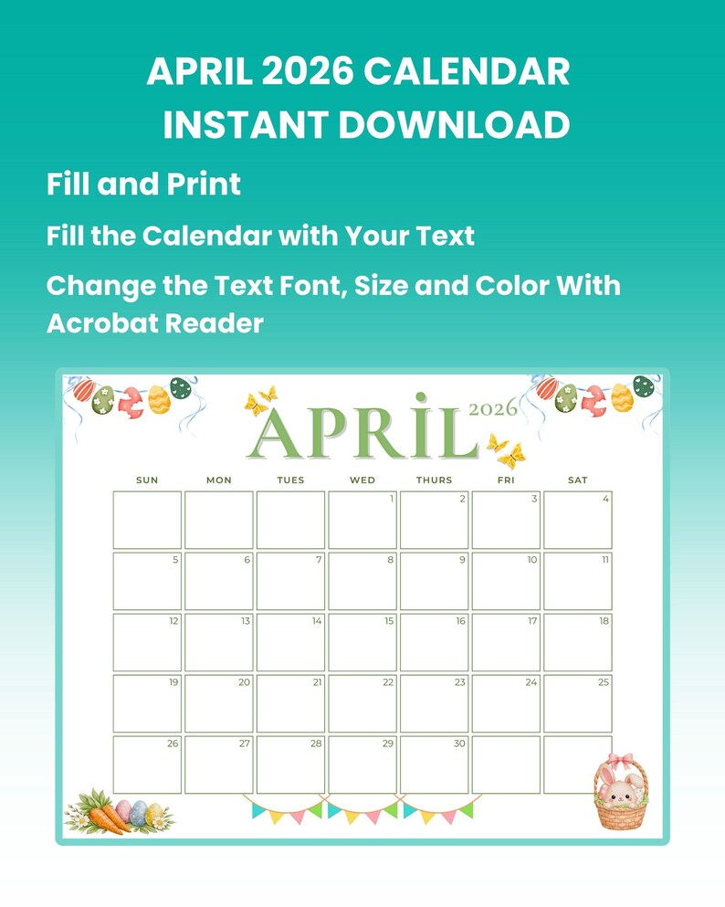 April 2026 Easter Calendar | Editable PDF (sunday/monday Start) - Etsy