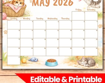 Mai 2026 Kalender | Verspielte Katze Monatsplaner (Digitaler Download)