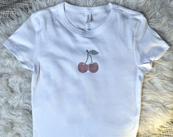 Cherry Crop Top, Cherry Tank Top, Cherry Rhinestone Baby Tee, Rhinestone Crop Top, Y2K Baby Tee, Y2k Slogan Baby Tee, 2000s Style,