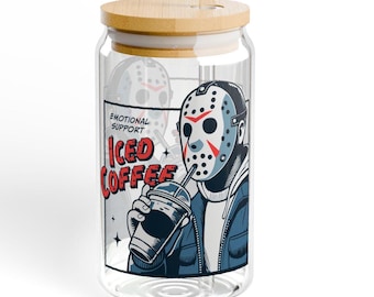 Horror Movie Halloween Glass Cup with Lid and Straw, Fall Iced Coffee Glass Spooky Season Gift, Halloween Themed Glass, Halloween Spooky Odd