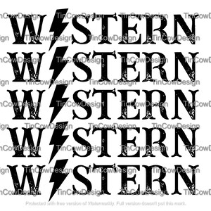 Puede incluir: Diseño gráfico en blanco y negro con la palabra "WESTERN" repetida cinco veces. Cada palabra está estilizada con un aspecto desgastado y vintage. Un gráfico de rayo se coloca entre cada palabra.