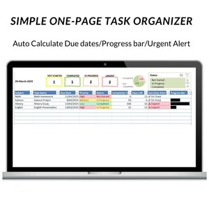 Könnte beinhalten: Ein Laptop-Bildschirm zeigt eine Tabellenkalkulation mit einem Aufgabenorganisator. Die Tabellenkalkulation enthält Spalten für Fach, Aufgabenname, Fälligkeitstermin, Priorität, Status, Fertigstellungsgrad, verbleibende Tage, dringende Benachrichtigung und Fortschrittsbalken. Die Tabellenkalkulation ist mit "Einfacher Aufgabenorganisator auf einer Seite" und "Automatische Berechnung von Fälligkeitsterminen/Fortschrittsbalken/Dringender Benachrichtigung" betitelt.