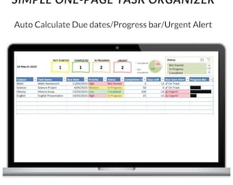 May include: A laptop screen displaying a spreadsheet with a task organizer. The spreadsheet has columns for subject, task name, due date, priority, status, completion percentage, days left, due soon alert, and progress bar. The spreadsheet is titled "Simple One-Page Task Organizer" and "Auto Calculate Due dates/Progress bar/Urgent Alert".