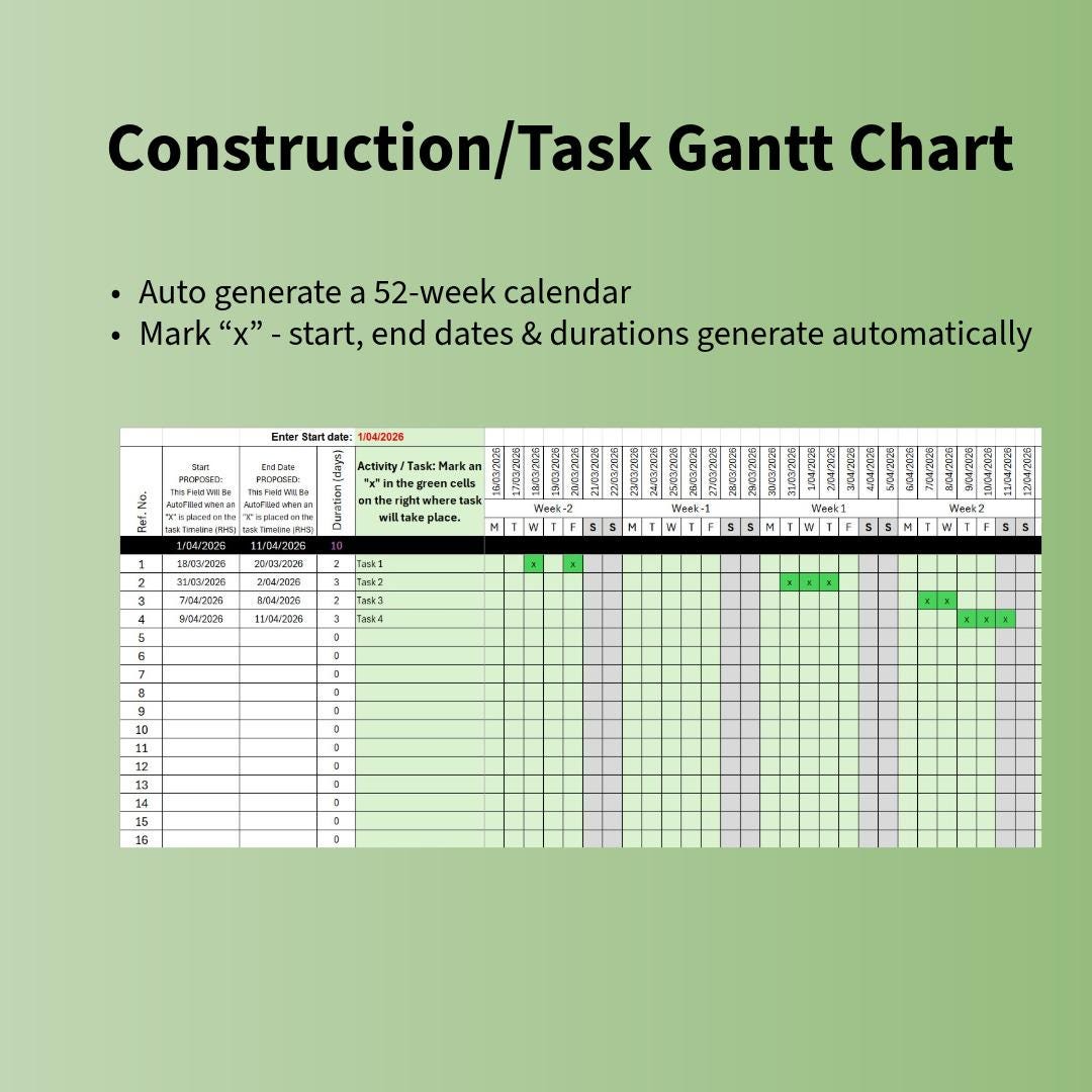 Construction Task Chart Construction / Task Gantt Chart With Auto 52 Wk Calendar and Auto Dates ...