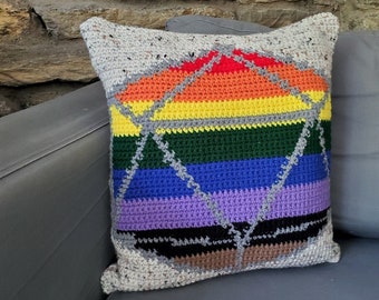 D20 Pride Flag Crochet Pillow Pattern, Dungeons and Dragons Rainbow Home Decor, Rainbow Dice Pillow, DnD Pillow, D20 Outline Crochet Pattern