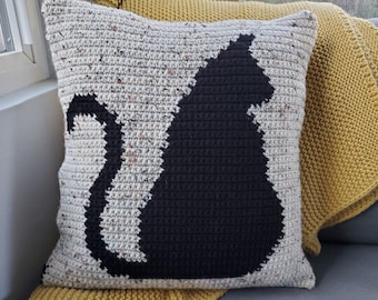 Black Cat Silhouette Crochet Pillow Pattern, Intarsia Cat Crochet Pattern, Spooky Home Decor, PDF Crochet Tutorial, Crochet Pillow Pattern