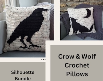 Crow and Wolf Crochet Pillow Pattern Bundle, Animal Silhouette Tapestry Crochet Patterns, Intarsia Crochet Home Decor, Howling Wolf Crochet