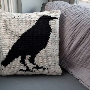 Crow Crochet Pillow Pattern, Crow Home Decor, Spooky Crochet Pillow, Pillow Cover, PDF Crochet Tutorial, Crow Throw Pillow, Intarsia Crochet