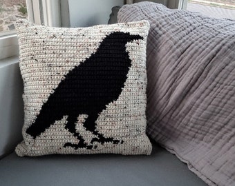 Crow Crochet Pillow Pattern, Crow Home Decor, Spooky Crochet Pillow, Pillow Cover, PDF Crochet Tutorial, Crow Throw Pillow, Intarsia Crochet