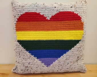 Pride Rainbow Heart Crochet Pillow Pattern, Crochet Gay Rights Home Decor, Pride Throw Pillow (PDF Pattern)