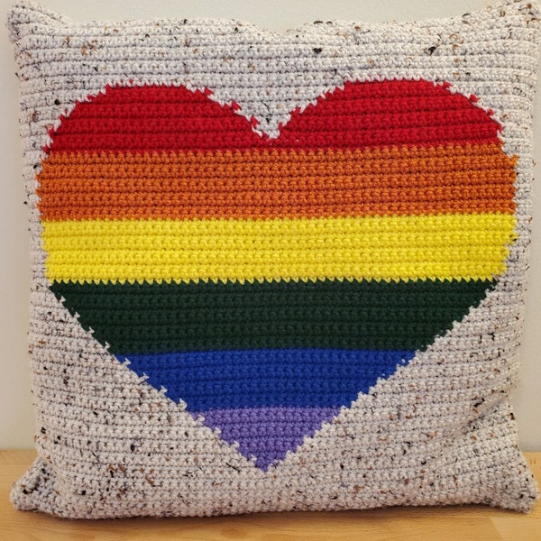 Pride Rainbow Heart Crochet Pillow Pattern, Crochet Gay Rights Home Decor, Pride Throw Pillow, Crochet Pillow Pattern, 20 inch Heart Pillow