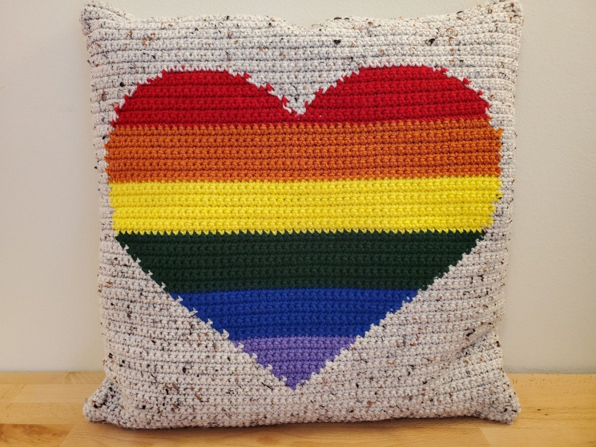 40 Heart Pillow Crochet Patterns for Cozy Home Decor and Handmade Gifts 22 Pride Rainbow Heart Crochet Pillow
