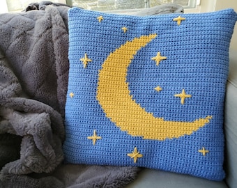 Moon and Stars Crochet Pillow Pattern, Crescent Moon Throw Pillow, Starry Night Home Decor, Square Pillow Cover, Celestial Evening Pillow