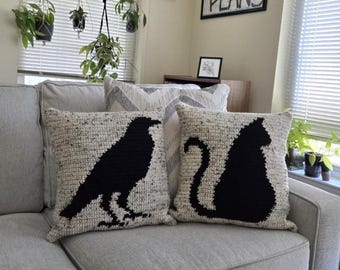 Crow and Black Cat Crochet Pillow Pattern Bundle, Animal Silhouette Tapestry Crochet Patterns, Intarsia Crochet Home Decor, Spooky Crochet