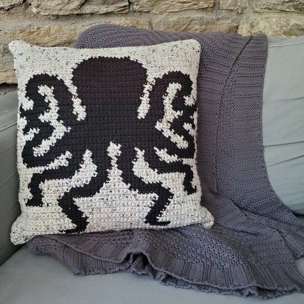 Octopus Silhouette Crochet Pillow Pattern, Ocean Home Decor, Octopus Crochet Pillow, Intarsia Crochet Pillow Pattern