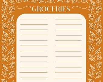 May include: A printable grocery list with an autumn theme. The background is orange with white outlines of leaves and stars. The text "GROCERIES" is at the top of the page.