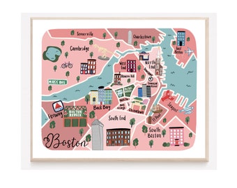 Boston Map Illustrated Boston Art Print for Boston Gift Boston Art ...