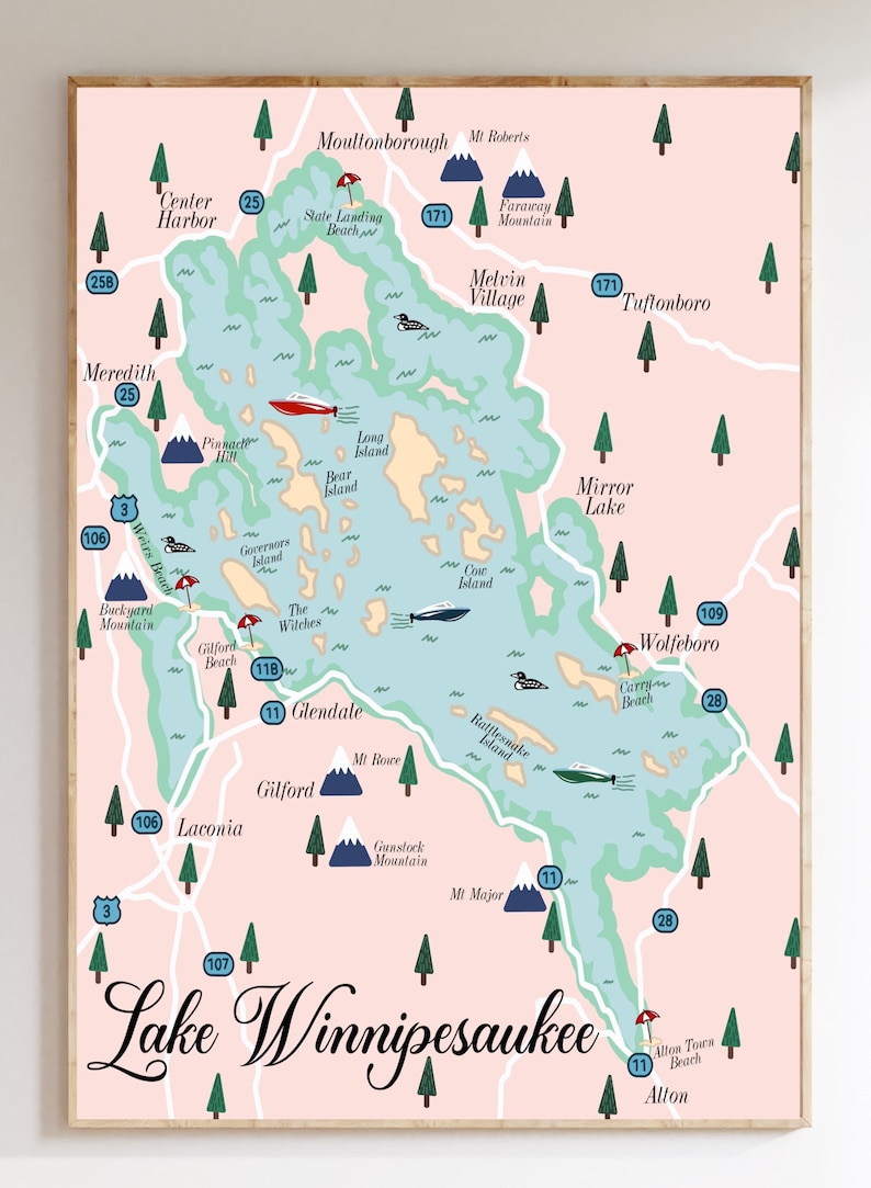 Lake Winnipesaukee Map Art New Hampshire Lake Winnipesaukee Map Print ...